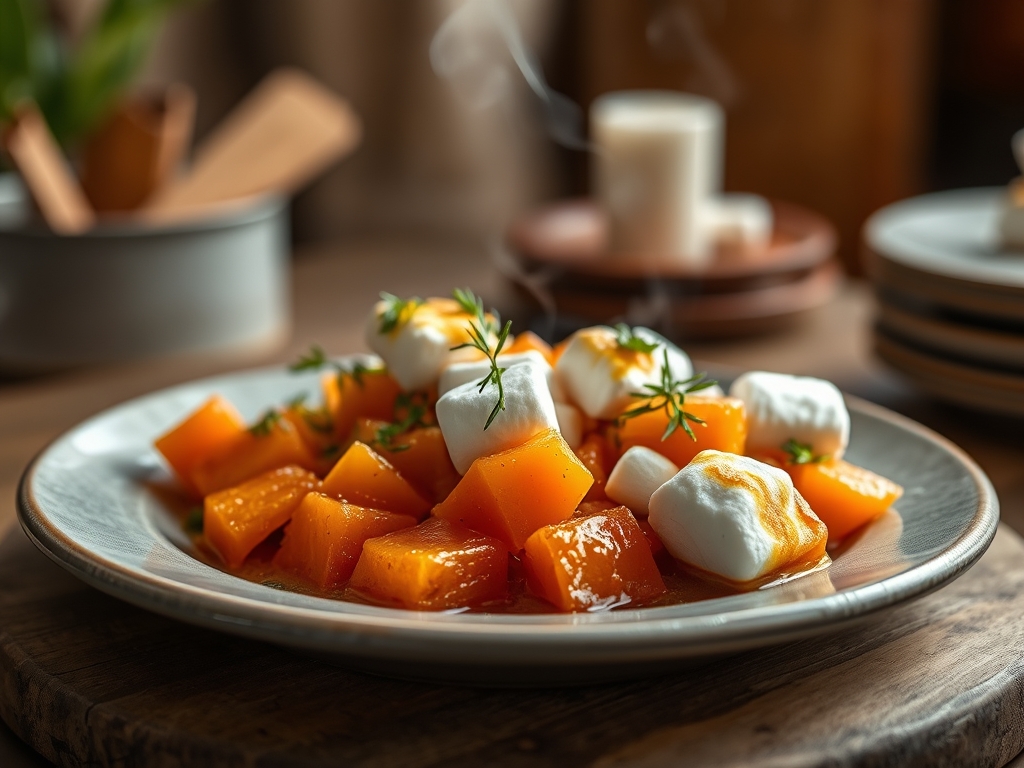 Freshly prepared candied sweet potato recipes with marshmallows