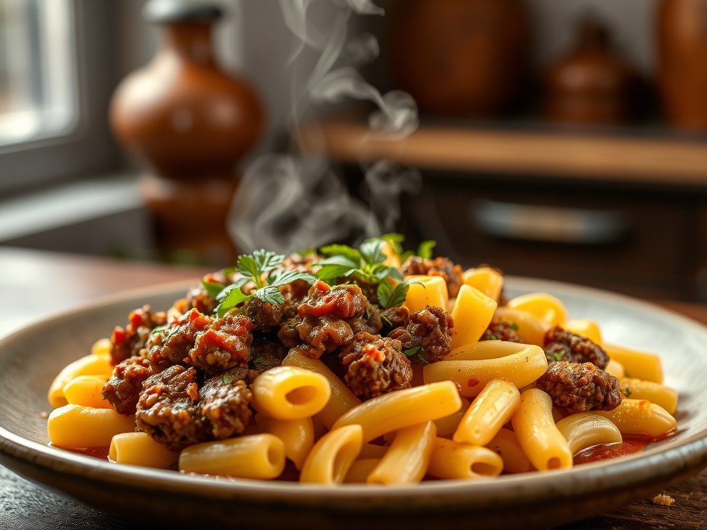 Freshly prepared elbow macaroni and ground beef recipes