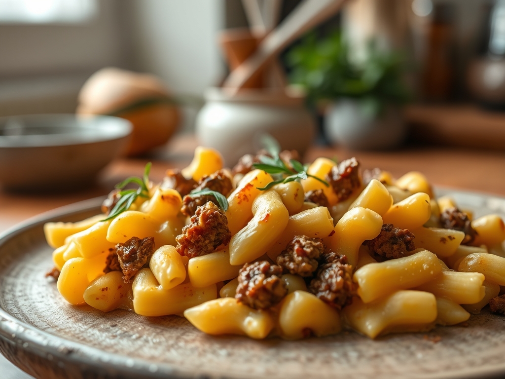 Freshly prepared mac and cheese with ground beef recipes
